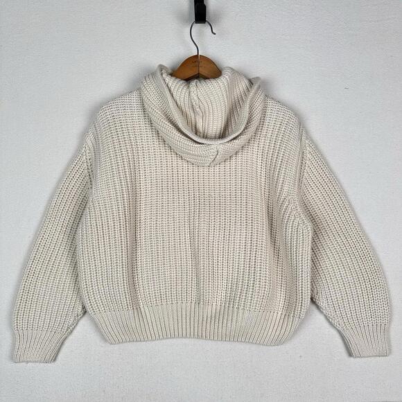 Mango Women’s XS Cropped Hooded Cable Knit Patchwork Sweater Cream Front Pocket - Picture 7 of 9